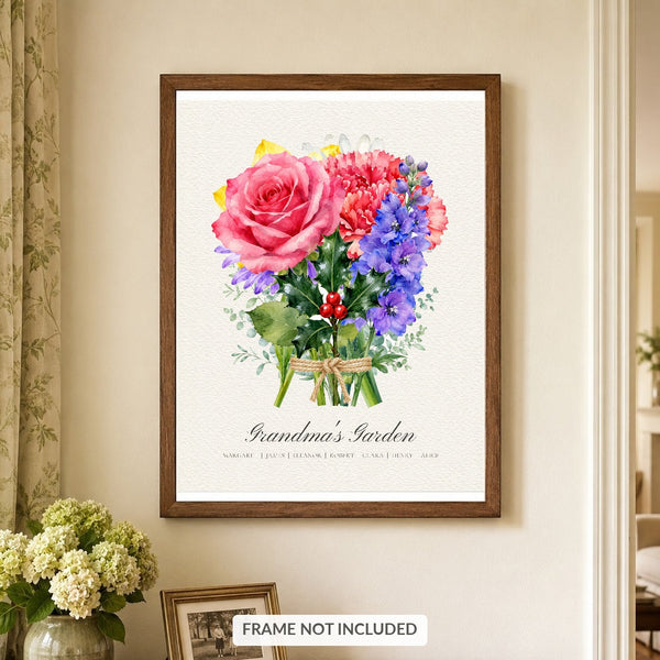Personalized birth flower bouquet print hanging in a hallway, dark wood frame, frame not included