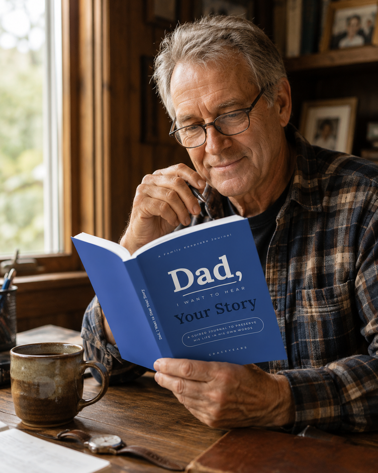 Older man at his desk holding the Dad, I Want to Hear Your Story journal open to show the blue softcover