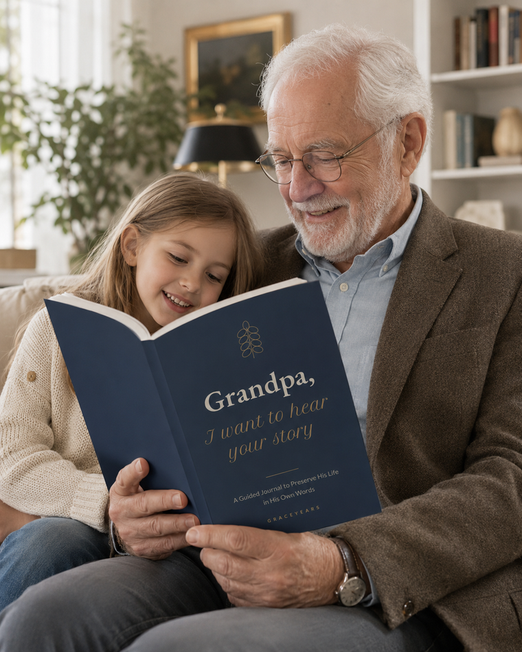 Grandfather and granddaughter reading the Grandpa guided memory journal together on a sofa