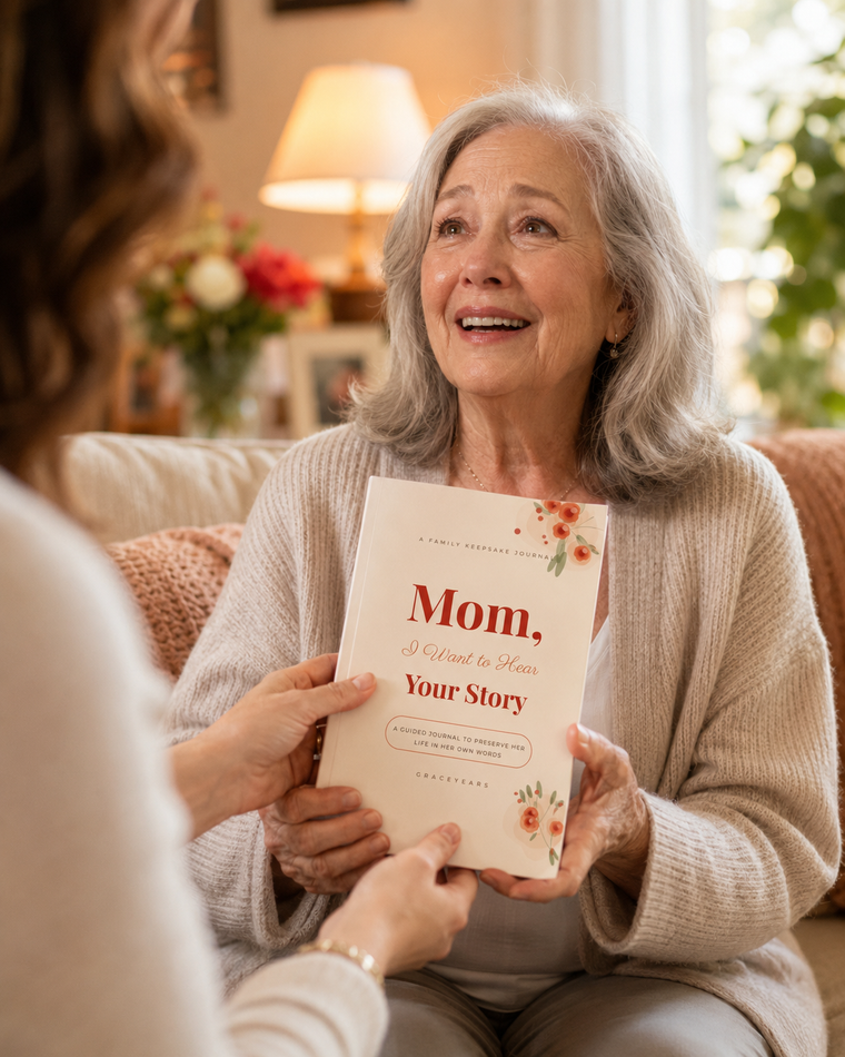 Adult daughter giving the Mom, I Want to Hear Your Story journal to her mother as a gift