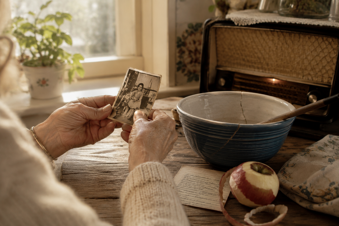 Older hands holding an old photograph at a kitchen table beside a cracked blue bowl and a vintage radio