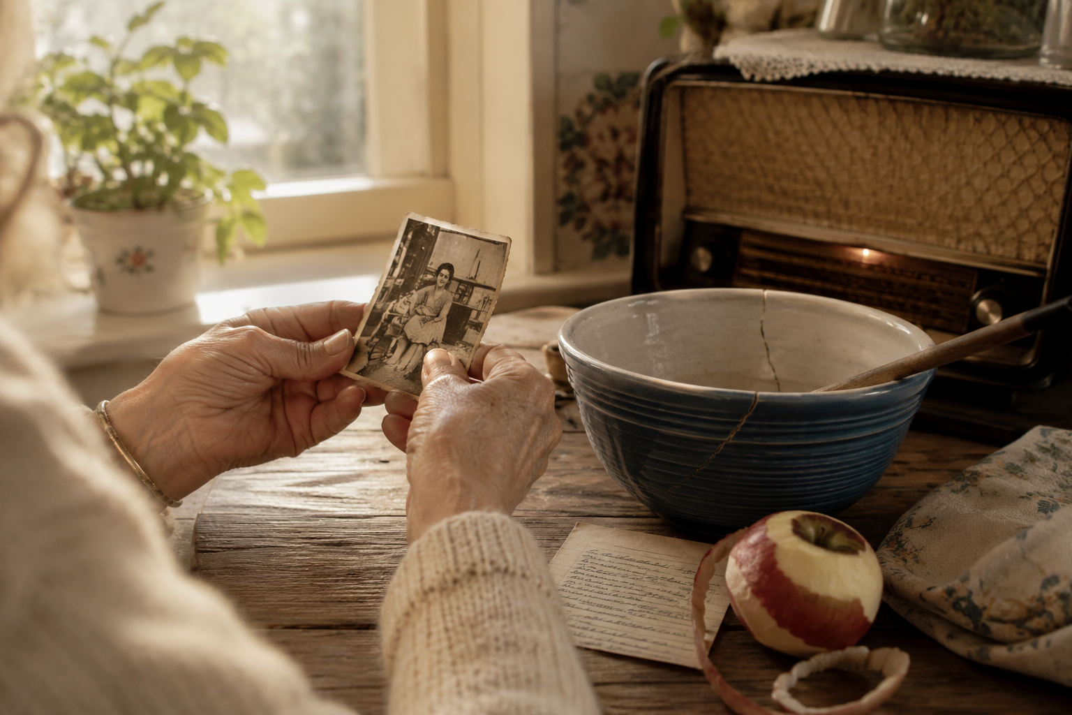 Older hands holding an old photograph at a kitchen table beside a cracked blue bowl and a vintage radio