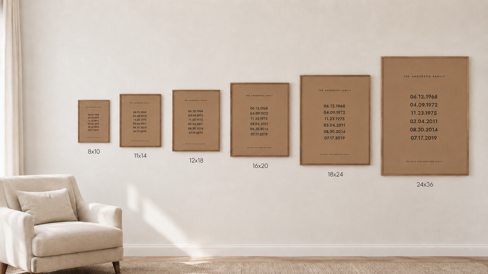 All six sizes shown together on one wall: 8x10, 11x14, 12x18, 16x20, 18x24 and 24x36