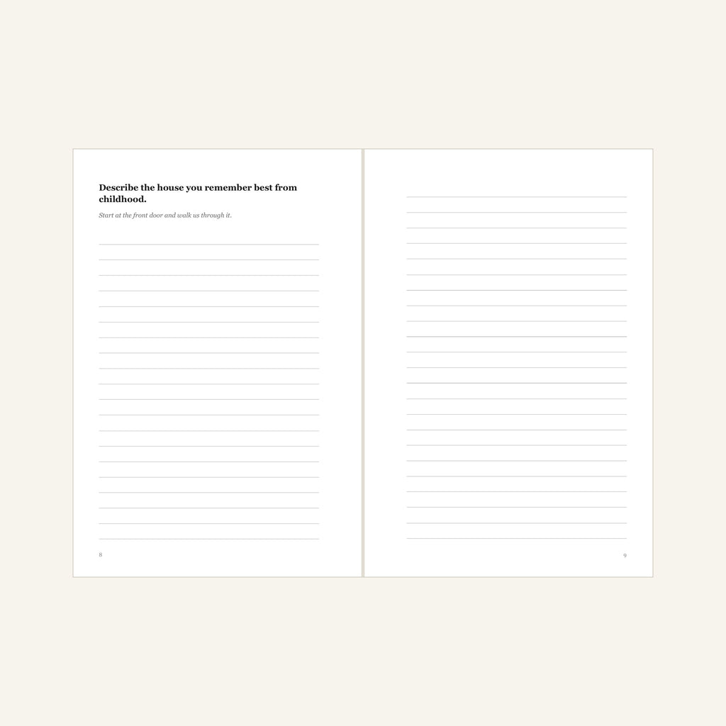 Open two-page spread: a guided prompt on the left page with a full facing page of writing lines on the right