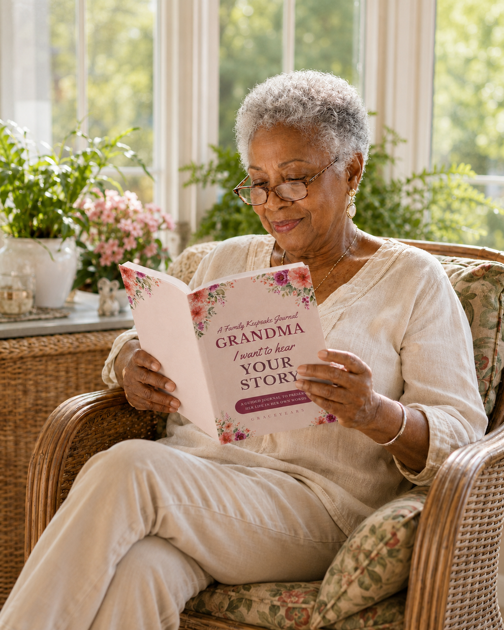 Grandmother filling in the Grandma, I Want to Hear Your Story keepsake journal, sharing her life stories