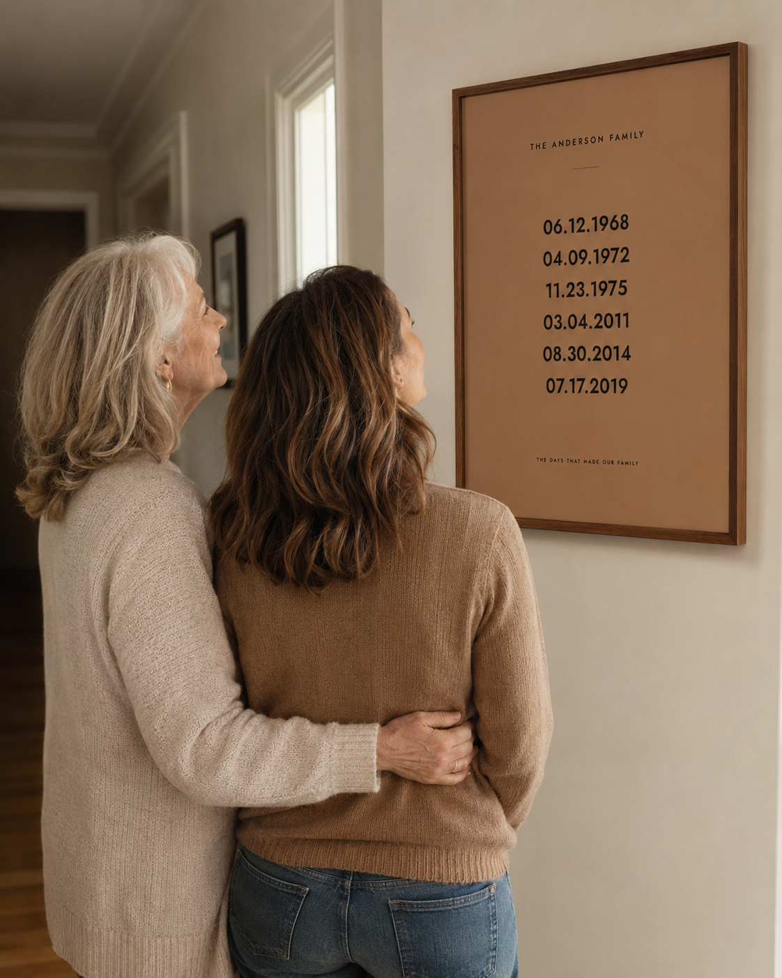 A mother and daughter looking at the finished family dates print on the wall