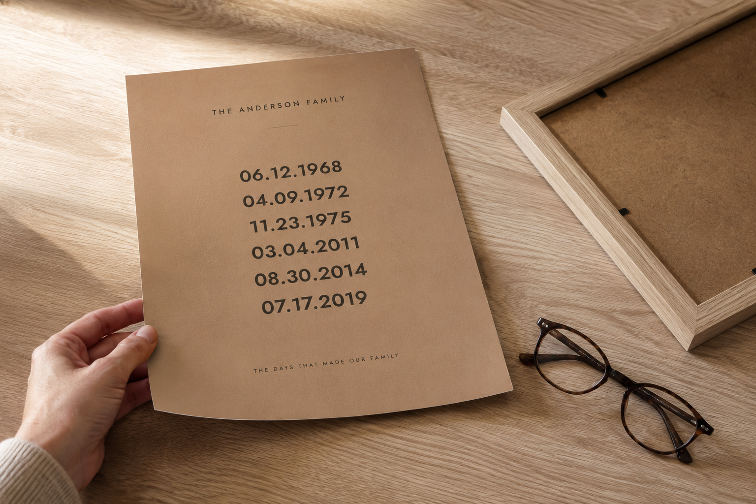 The unframed print on a table beside an empty frame, showing the matte paper. Frame not included