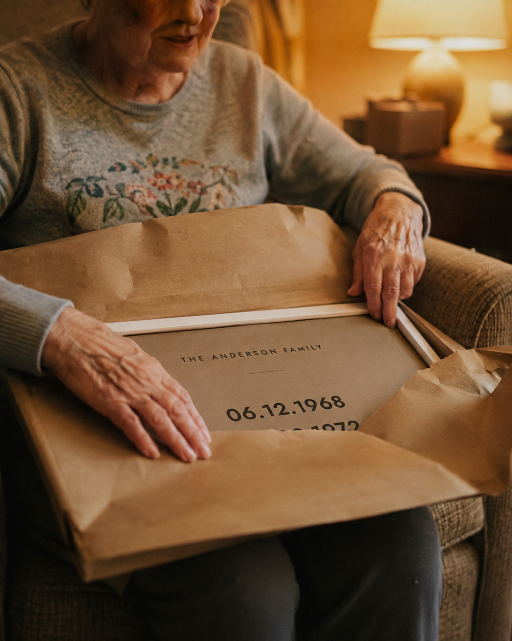 An older woman unwrapping the framed family dates print as a gift