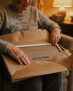 An older woman unwrapping the framed family dates print as a gift