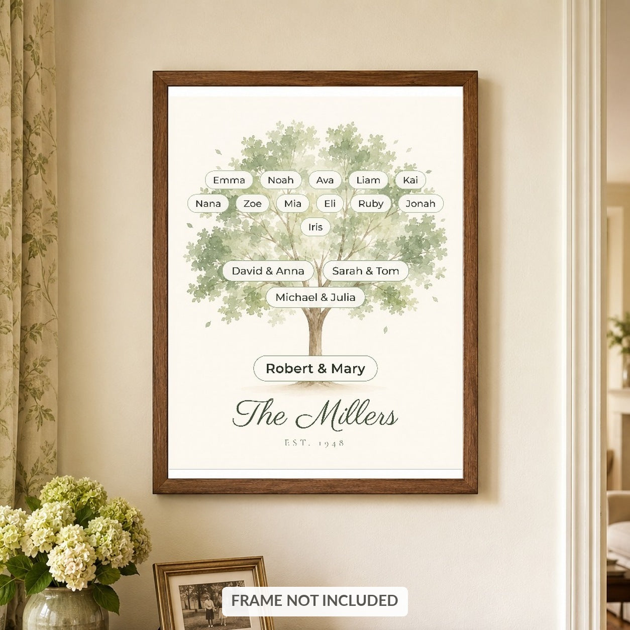 Personalized family tree print hanging in a walnut frame above a wooden sideboard, frame not included
