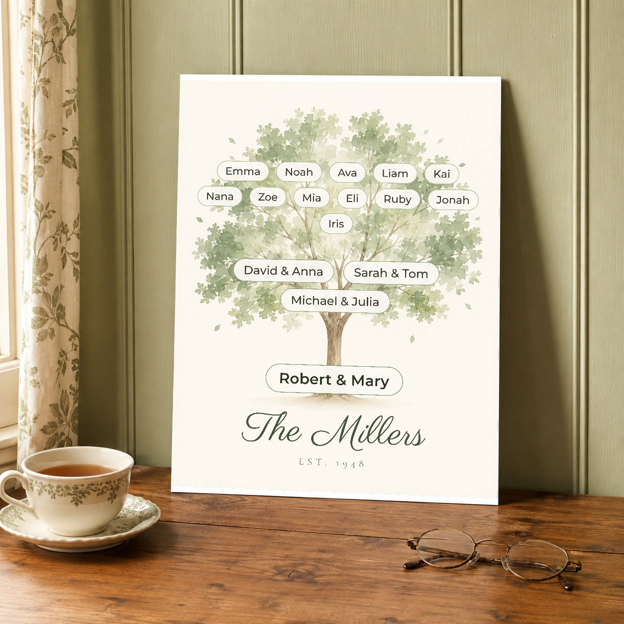 The unframed family tree print resting against a wall on a wooden table beside a teacup and reading glasses
