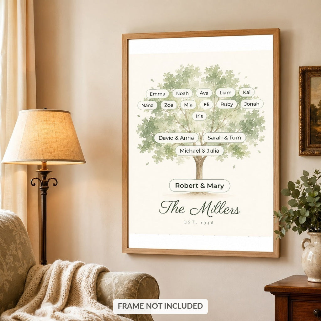 Family tree wall art in a light oak frame in a warm living room with an armchair and floor lamp