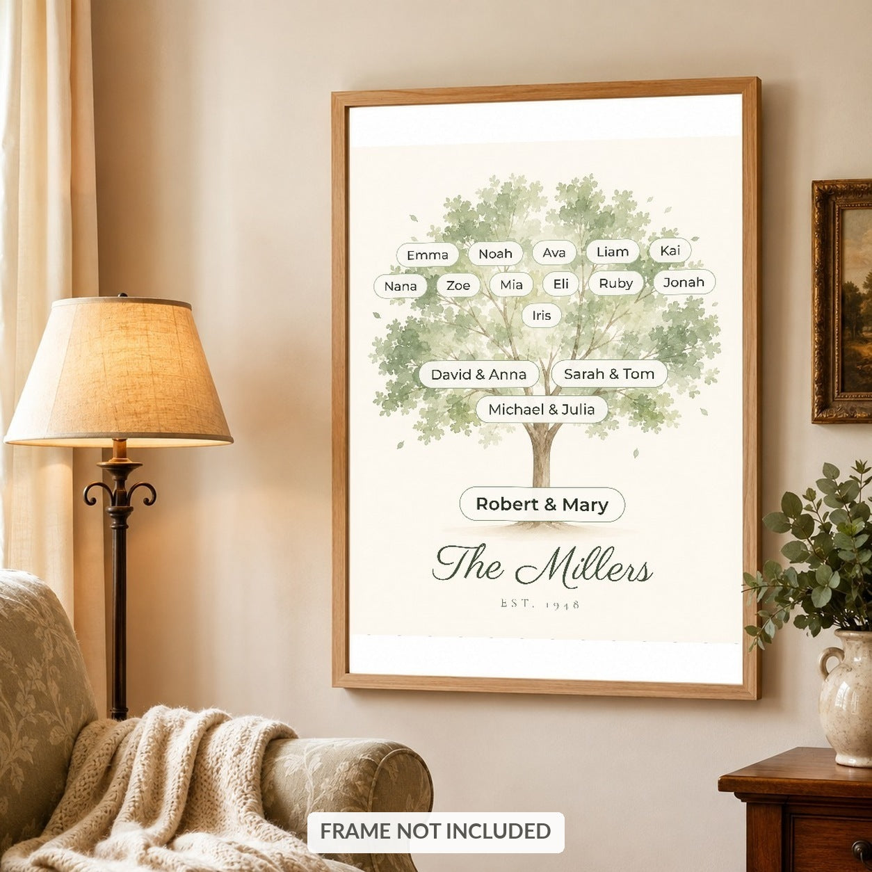 Family tree wall art in a light oak frame in a warm living room with an armchair and floor lamp
