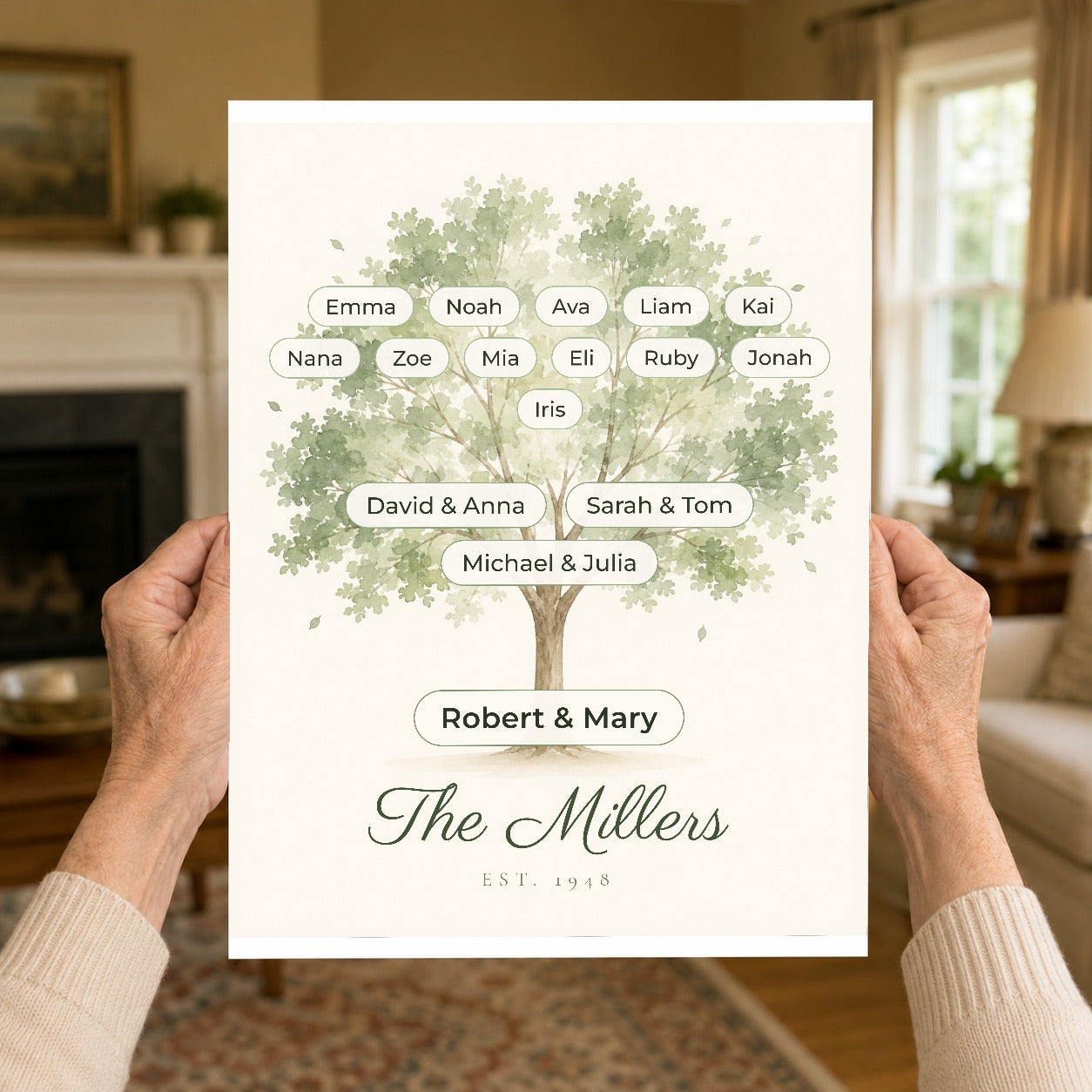 An older woman holding the 11 by 14 inch family tree print in both hands to show its size