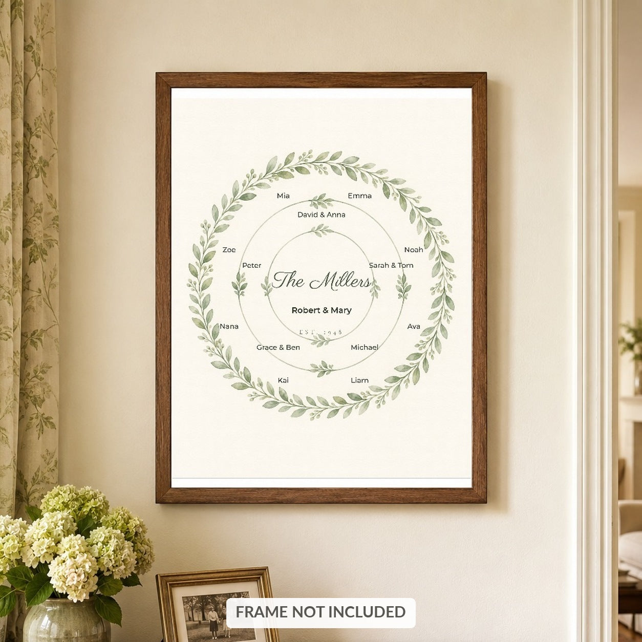 Family names wreath print hanging in a walnut frame above a wooden sideboard, frame not included
