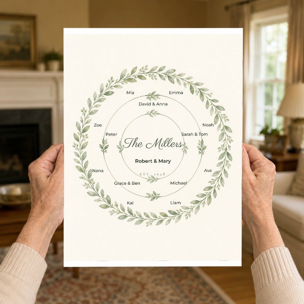 An older woman holding the 11 by 14 inch wreath print in both hands to show its size