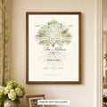 Family tree print with ancestors in the roots, hanging in a walnut frame above a sideboard, frame not included