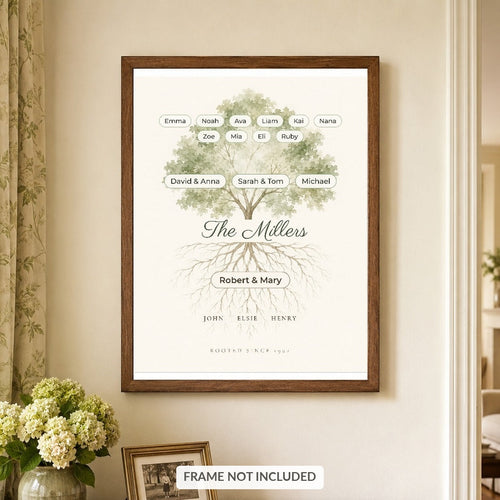 Family tree print with ancestors in the roots, hanging in a walnut frame above a sideboard, frame not included