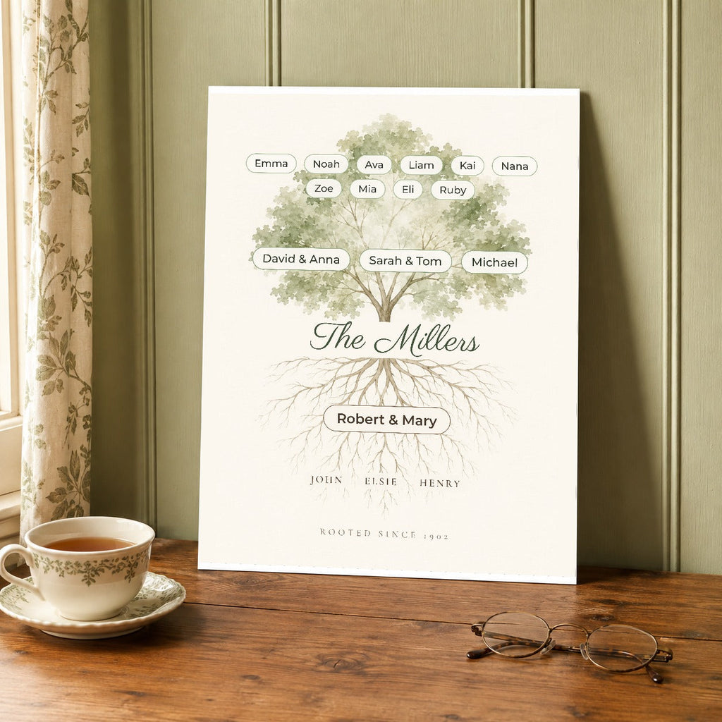 The unframed roots and branches family print resting on a wooden table beside a teacup and reading glasses