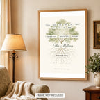 Roots and branches family tree in a light oak frame in a warm living room