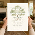 An older woman holding the 11 by 14 inch roots and branches print to show its size