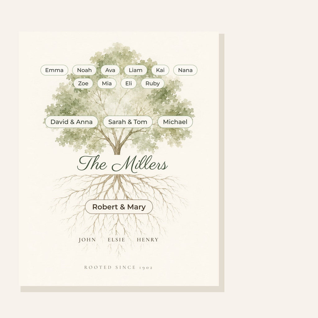 Full view of the family tree print with ancestors names printed along the roots