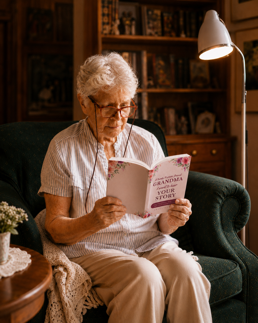 A grandmother reading the Grandma, I Want to Hear Your Story guided memory journal in a sunlit room