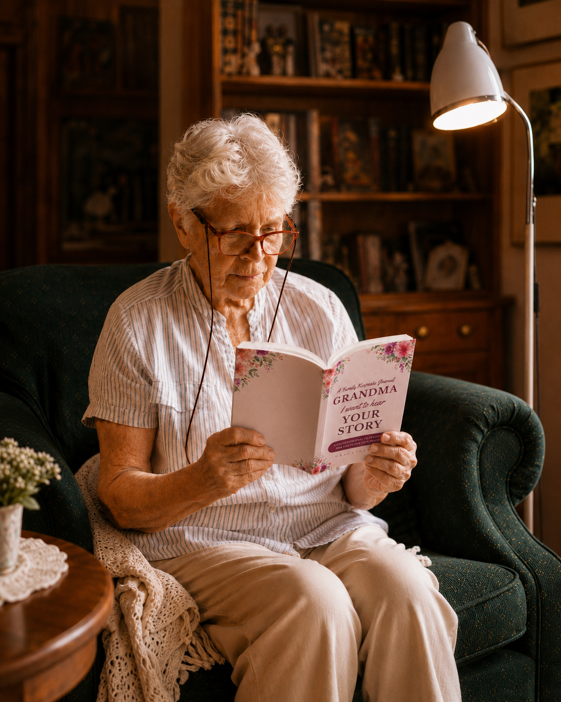 A grandmother reading the Grandma, I Want to Hear Your Story guided memory journal in a sunlit room