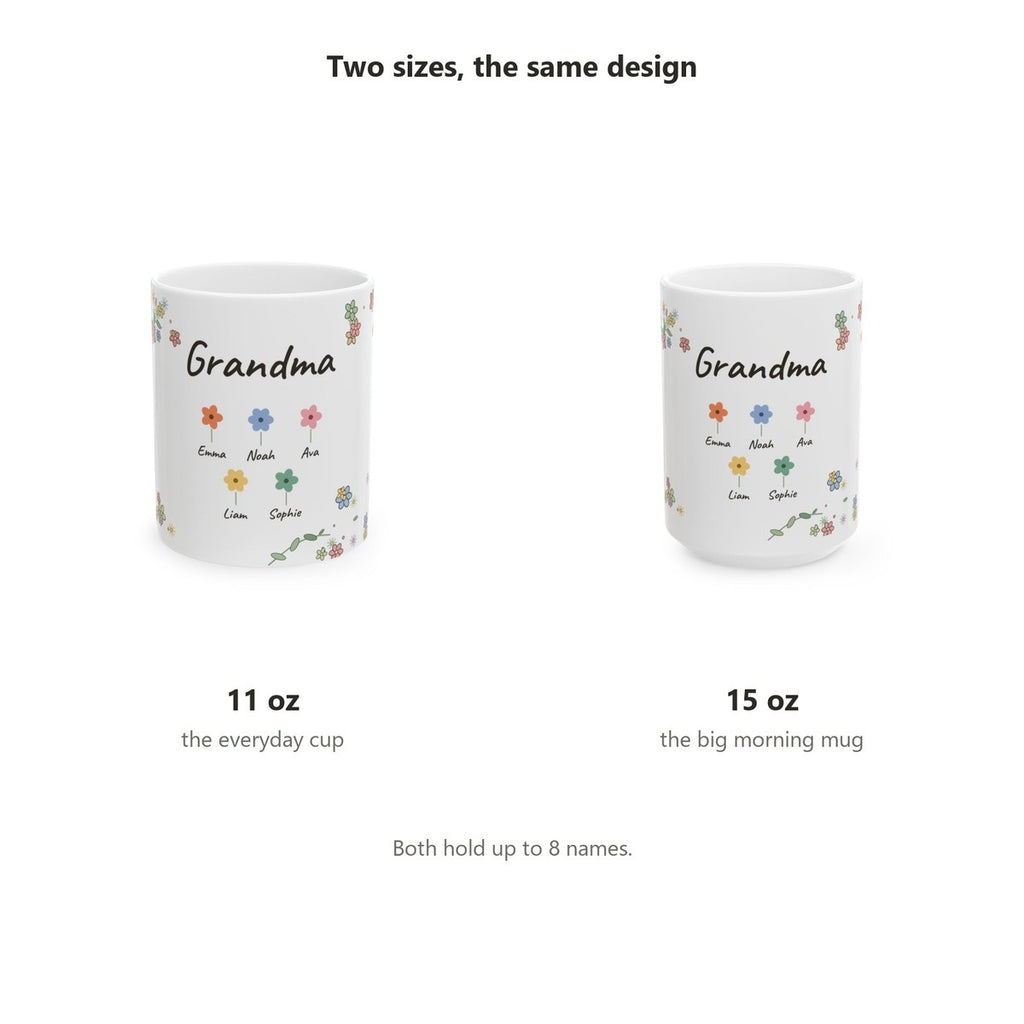 The same design in 11 oz and 15 oz, both holding up to eight names