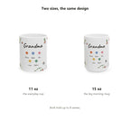 The same design in 11 oz and 15 oz, both holding up to eight names