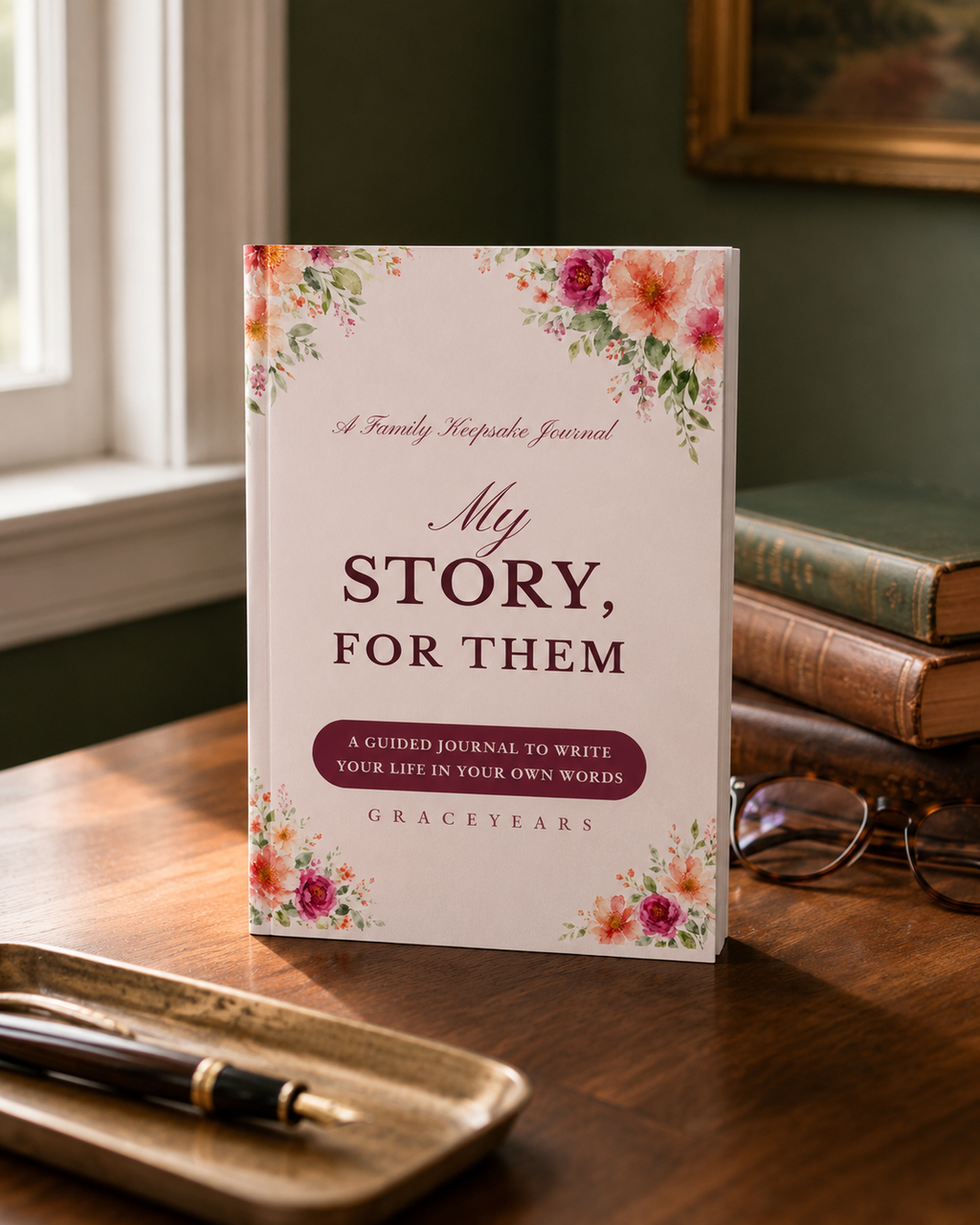My Story, For Them guided journal standing on a walnut desk in warm window light
