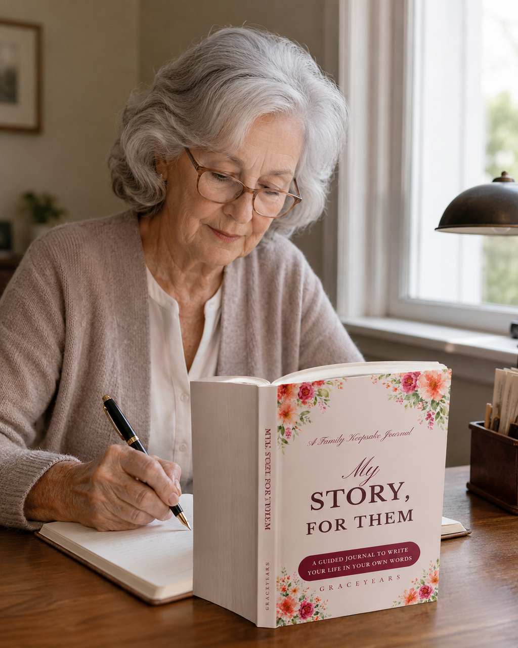 A woman in her seventies writing her life story in the My Story, For Them journal at her desk