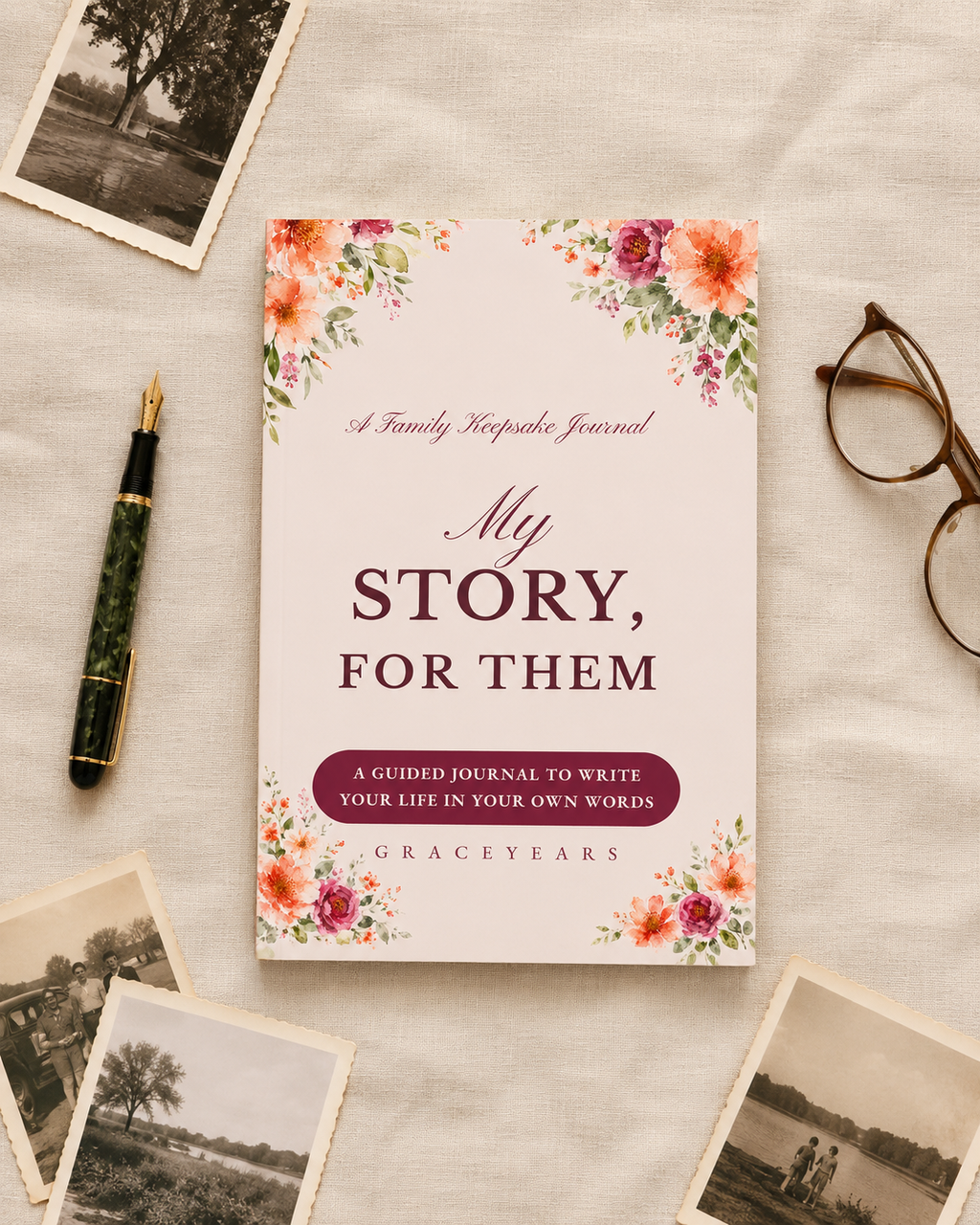 Flat lay of the My Story, For Them journal with a fountain pen, reading glasses and old family photographs