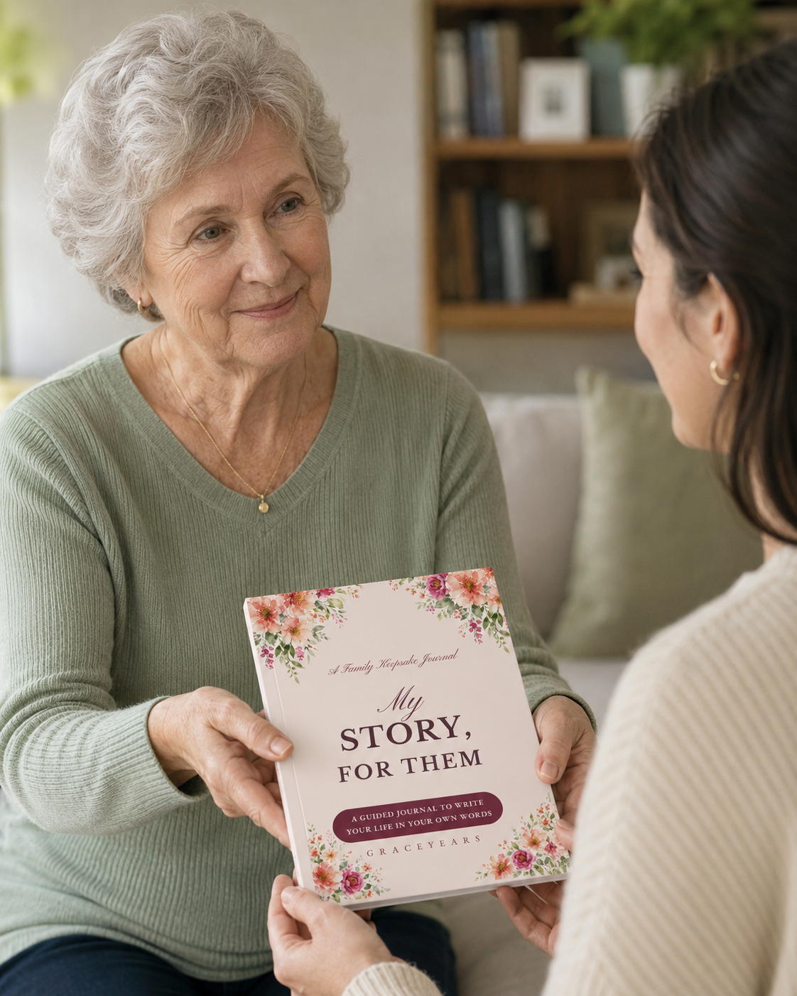 An older woman handing her finished My Story, For Them journal to her daughter