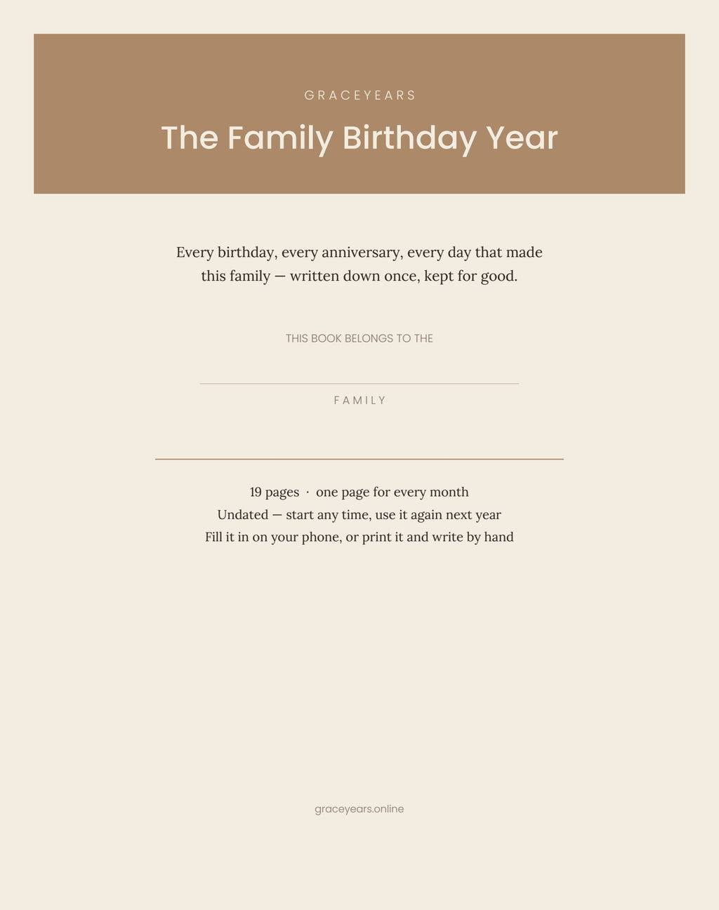 Cover page of The Family Birthday Year printable calendar, with a line to write your family name