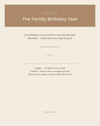 Cover page of The Family Birthday Year printable calendar, with a line to write your family name