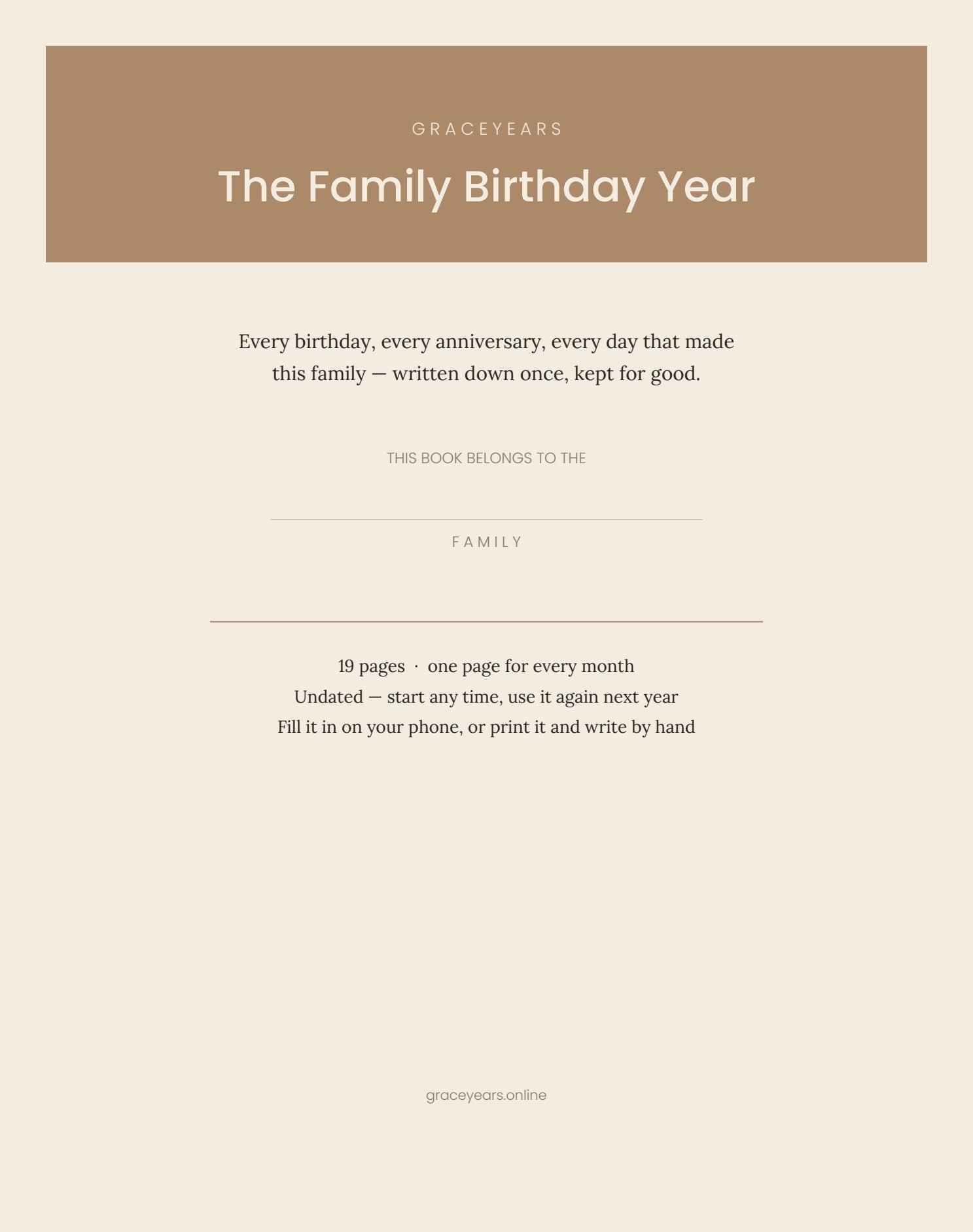 Cover page of The Family Birthday Year printable calendar, with a line to write your family name