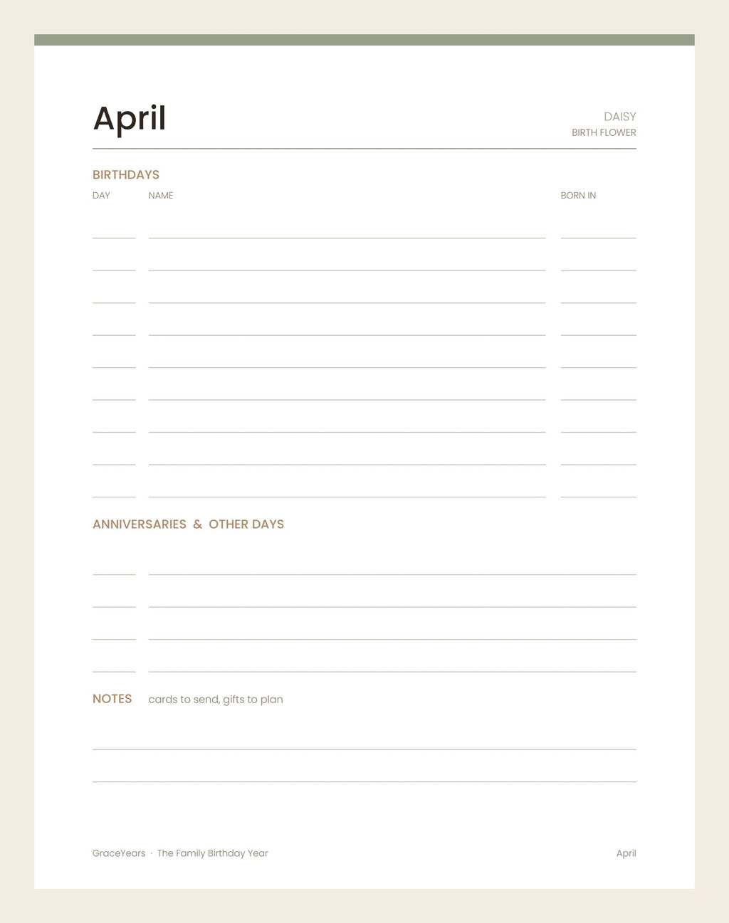 A monthly page, April, showing the daisy as its birth flower, with lines for birthdays, anniversaries and notes