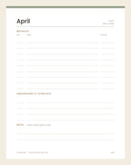 A monthly page, April, showing the daisy as its birth flower, with lines for birthdays, anniversaries and notes