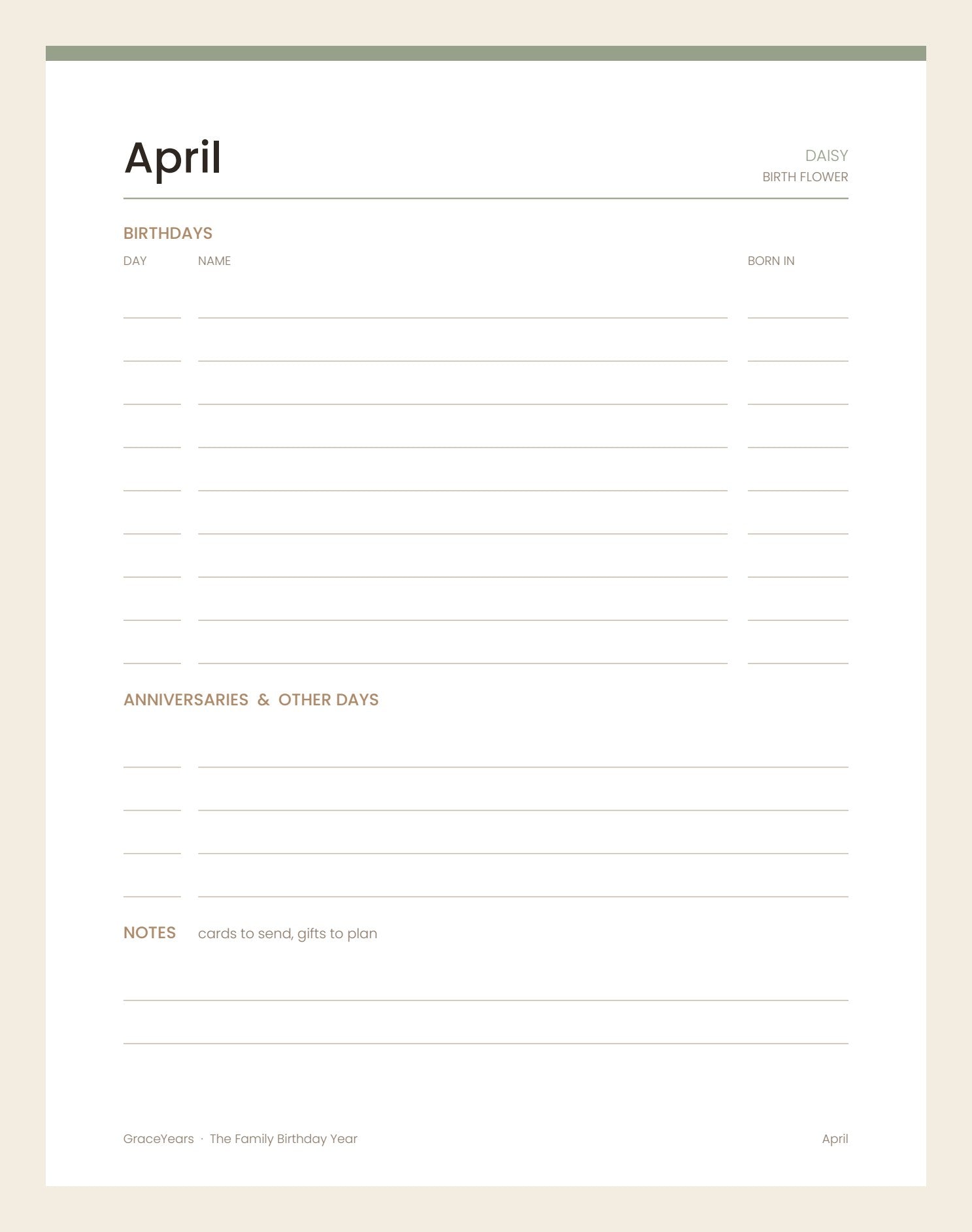 A monthly page, April, showing the daisy as its birth flower, with lines for birthdays, anniversaries and notes