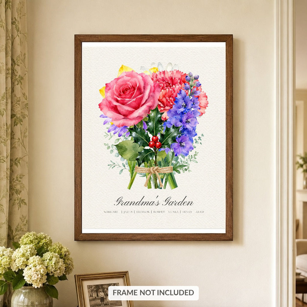 Personalized birth flower bouquet print hanging in a hallway, dark wood frame, frame not included