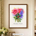 Personalized birth flower bouquet print hanging in a hallway, dark wood frame, frame not included