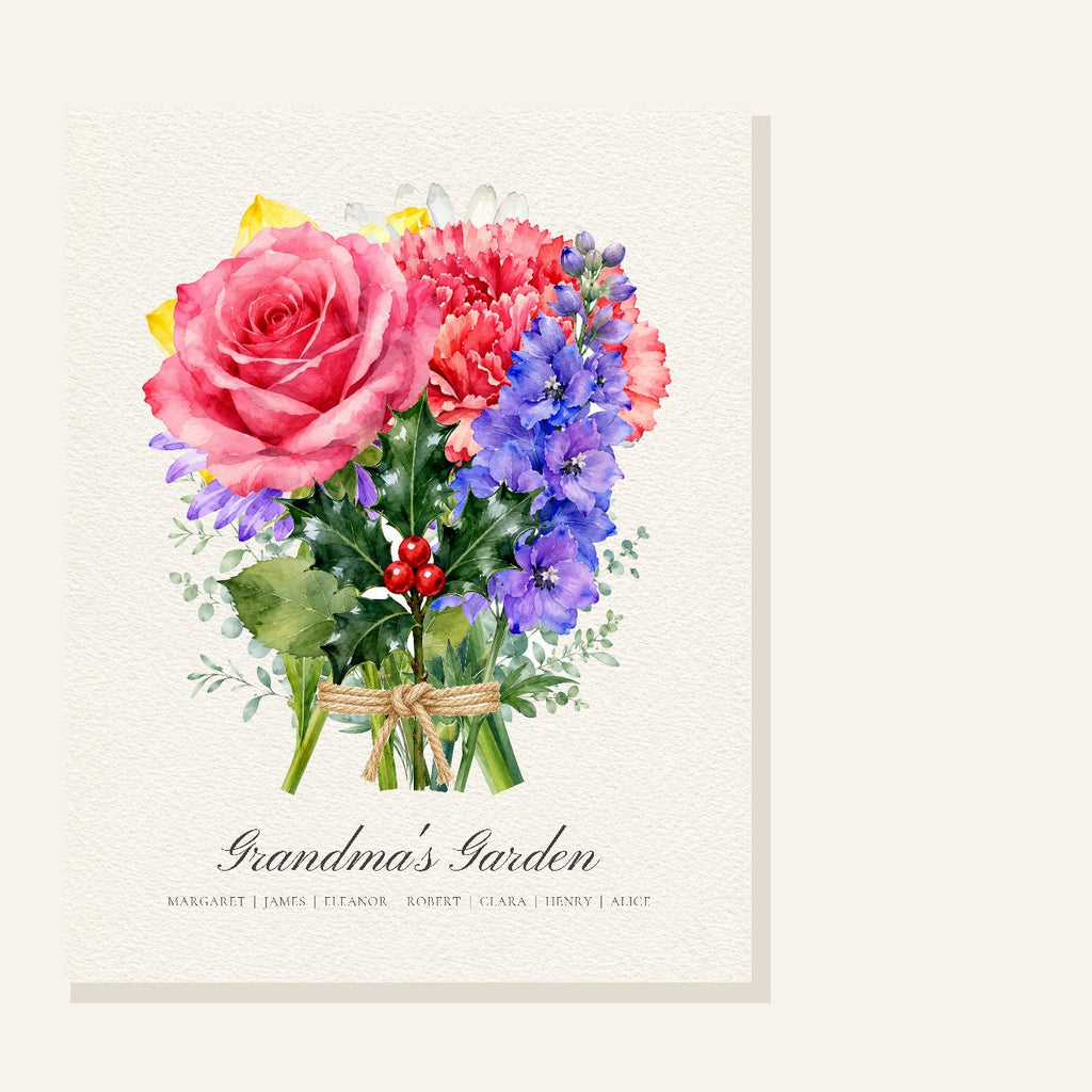 Birth flower garden art print with custom title and seven names on matte paper
