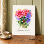 Birth flower name print resting on a wooden side table beside a teacup