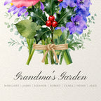 Close-up of the printed title line and family names under the watercolor bouquet