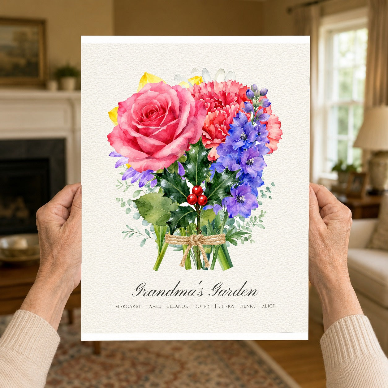 Woman holding the 11x14 inch birth flower print to show its size