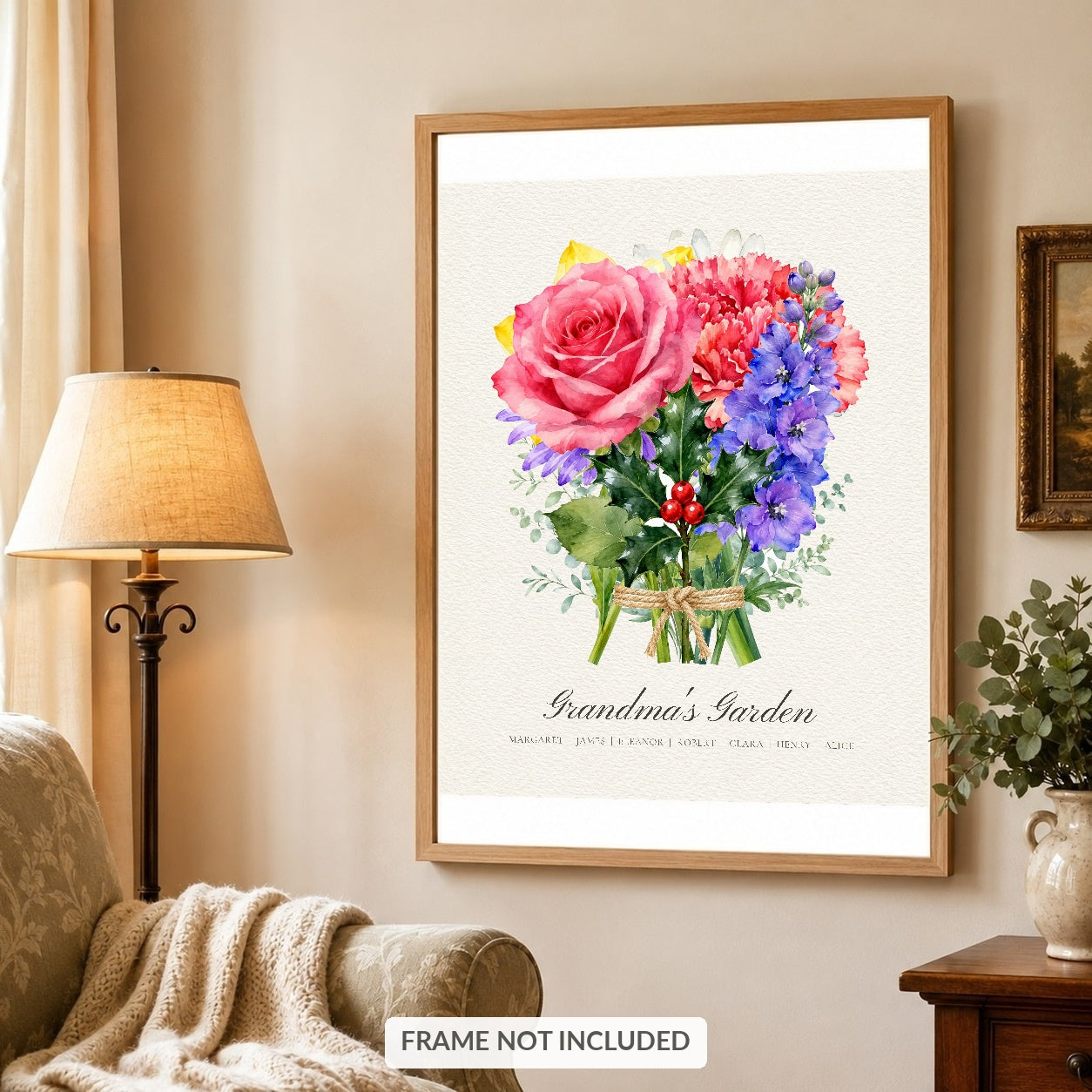 Framed birth flower family print above a living room armchair, frame not included