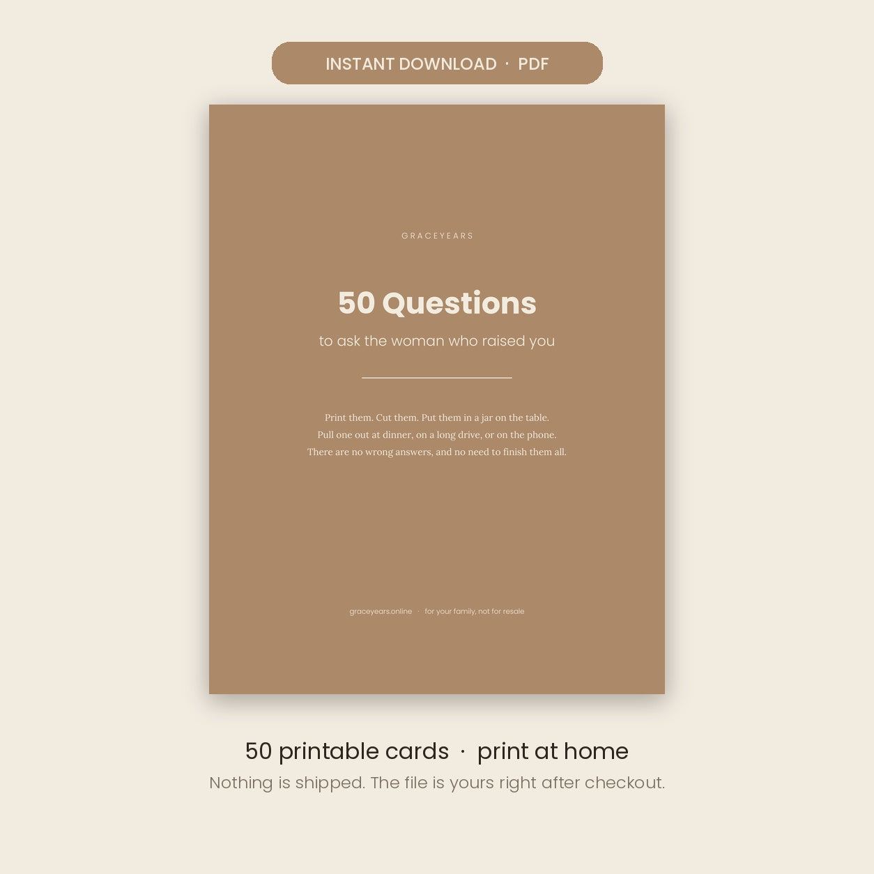 50 Family Conversation Cards printable PDF cover, instant download