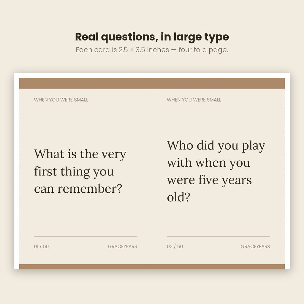 Close-up of two conversation cards with questions printed in large type