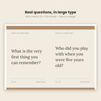 Close-up of two conversation cards with questions printed in large type